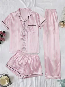Three-Piece Striped Satin Printed Pajamas Set for Women, Casual Loose-Fit Sleepwear, All-Season Home, Comfortable Lounge Wear, Loungewear