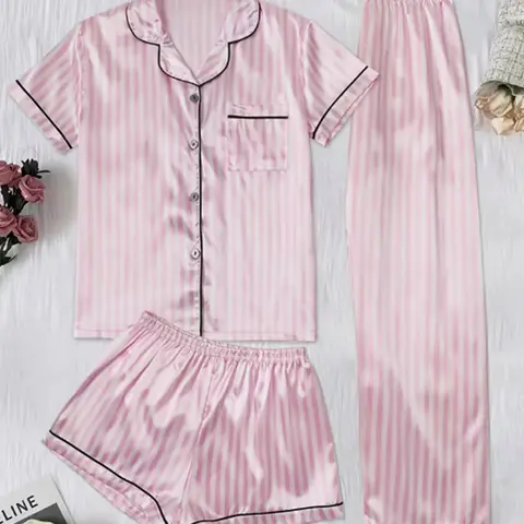Three-Piece Striped Satin Printed Pajamas Set for Women, Casual Loose-Fit Sleepwear, All-Season Home, Homewear, Comfortable Lounge Wear, Loungewear, Pajama Lounge Sets