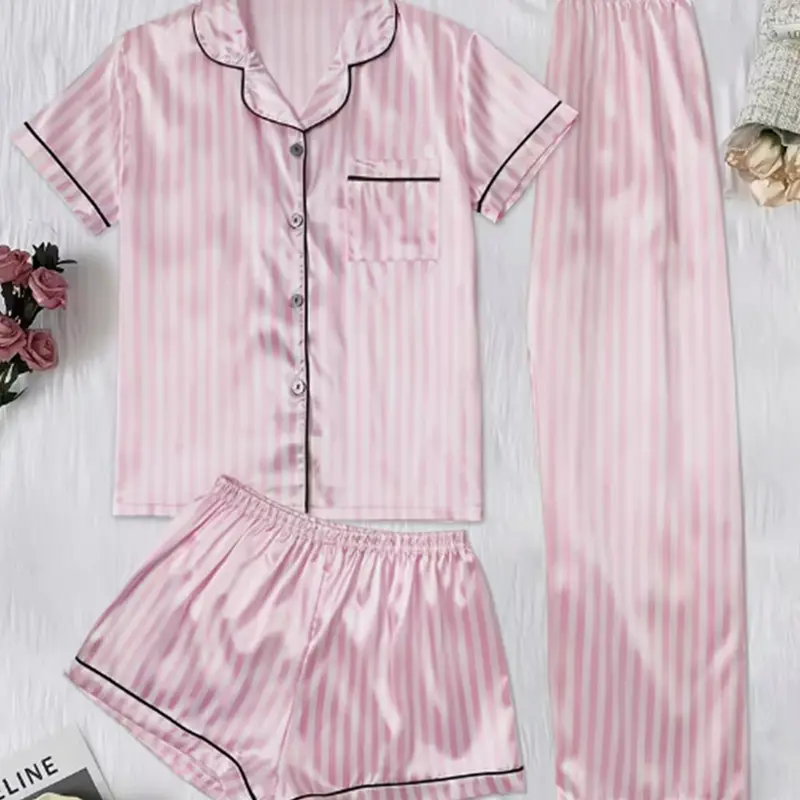 Three-Piece Striped Satin Printed Pajamas Set for Women, Casual Loose-Fit Sleepwear, All-Season Home, Homewear, Comfortable Lounge Wear, Loungewear, Pajama Lounge Sets