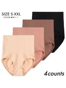 Women's High Waist Seamless Elastic Underwear, 4 Pack Comfortable Belly Control Thong Panties, Spring & Fall Tight-Fitting Shapewear, Breathable Seamless Knicker