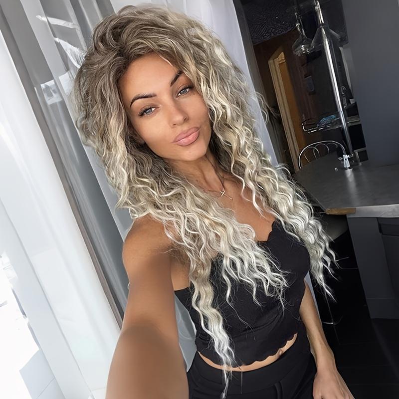 28 Inch Dark Root Silvery Grey Ombre Water Wave Wig for & All Skin Tones, Long Curly Synthetic Hair Wig, Heat Resistant, Soft & Full, Natural Looking Full Wig for Daily Wear, Party & Cosplay