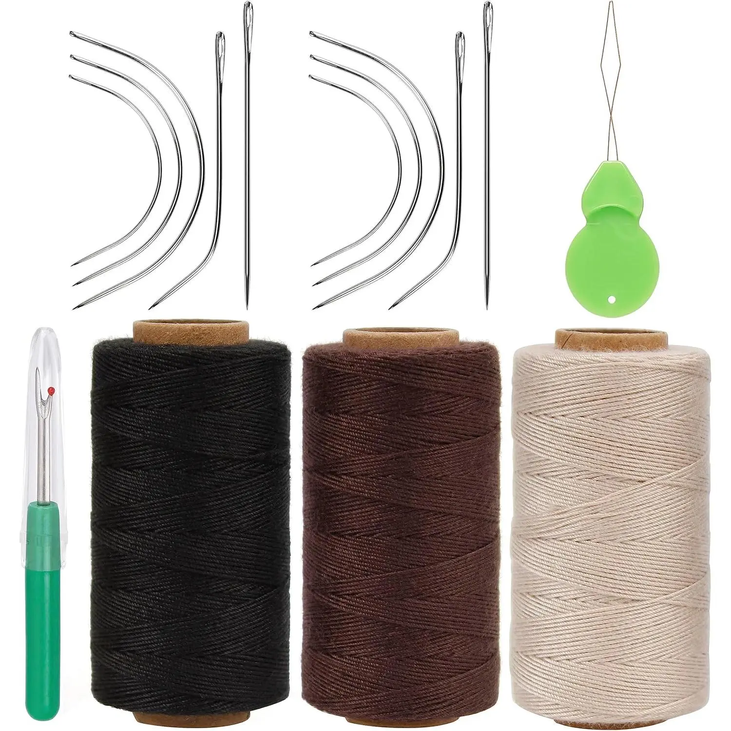 and Thread for Hair Extensions 3 Rolls Hair Weave Sewing Threads with 10 count C J I Shape Curved Upholstery  for Hand Sewing, Hair Extensions, Making Wigs DIY (10+3, 3Color)