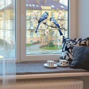 New Eco-Friendly Blue Branch Bird Glass Window Sticker, Easy Peel & Remove Removable Home Decor Decal for Windows Doors