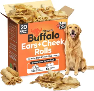 Fang & Claw Buffalo Dog Chews Variety Pack – 20 Count Natural Buffalo Ears & 6" Cheek Rolls | Rawhide-Free High Protein Long-Lasting Dog Treats