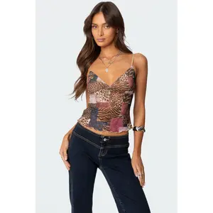 Mixed Animal Print Mesh Tank Top