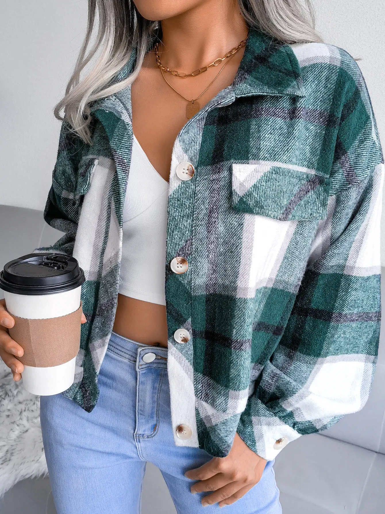 Women's Contrast Color Plaid Cropped Jacket,Pocket Button Down Long Sleeve Warm Coat for Ladies Daily Wear, 2026 Fashion Fall Winter Outfits