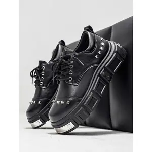 Men's Rivet Thick Sole Height Increasing Shoes, Punk Style Leather Boots with Metal Studs, Lace-Up Design, Anti-Slip Bottom