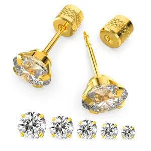 5 Pairs Push-In Flat-Back Stud Earrings, Hypoallergenic Surgical Stainless Steel Cubic Zirconia Earrings, Multi-Pack Stud Earrings for Women & Men, Trendy Cartilage Stud Earrings, Sizes 2–8 mm