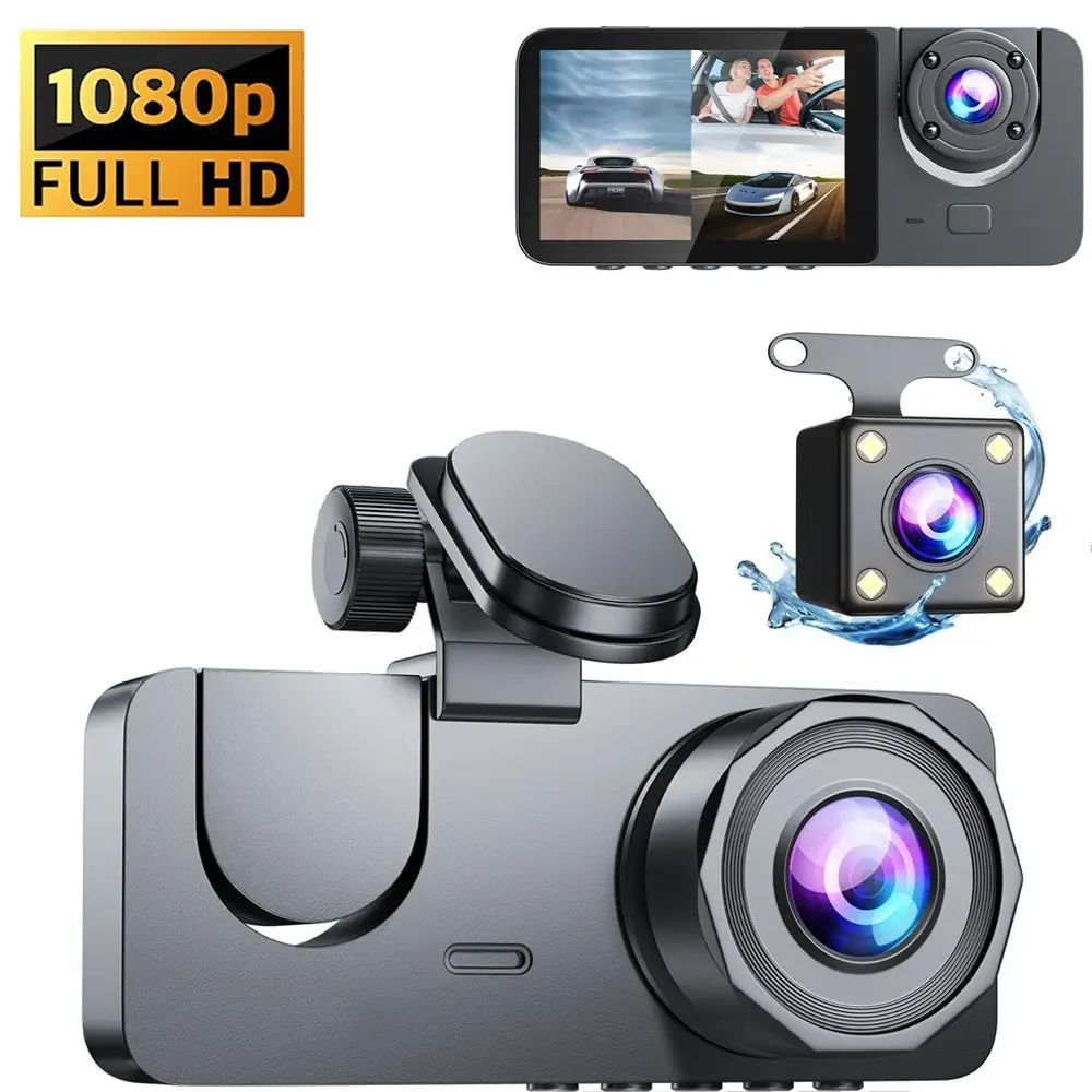 3-Channel Dash Cam 1080P Full HD, Night Vision Front & Rear, Loop Recording, G-Sensor, 24/7 Recording, Accident Detection, Parking Monitor, Dash Camera, Car Camera