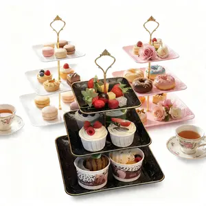 Single plastic square three-tier water pattern cake tray, perfect for weddings and birthday parties, suitable for serving desserts and snacks