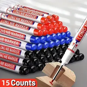15 Multi-purpose Long-hole Marker Pens | 20mm Deep Hole, High Quality, 5 Fine Pointed Pens, Red/black/blue Ink, For Precise Marking Of Materials Such As Metal, Woodworking, Bathroom, Ceramics, Glass, Artificial Leather, Film, Etc