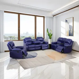 3-Piece Dark Blue Semi PU Sofa Set, Contemporary Upholstered Couch with Comfortable Cushions, Stylish Home Furniture Ideal for Family Room & Lounge