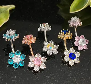 1pc Double 7 Gem Flower Internally Threaded Belly Ring Steel Navel Naval