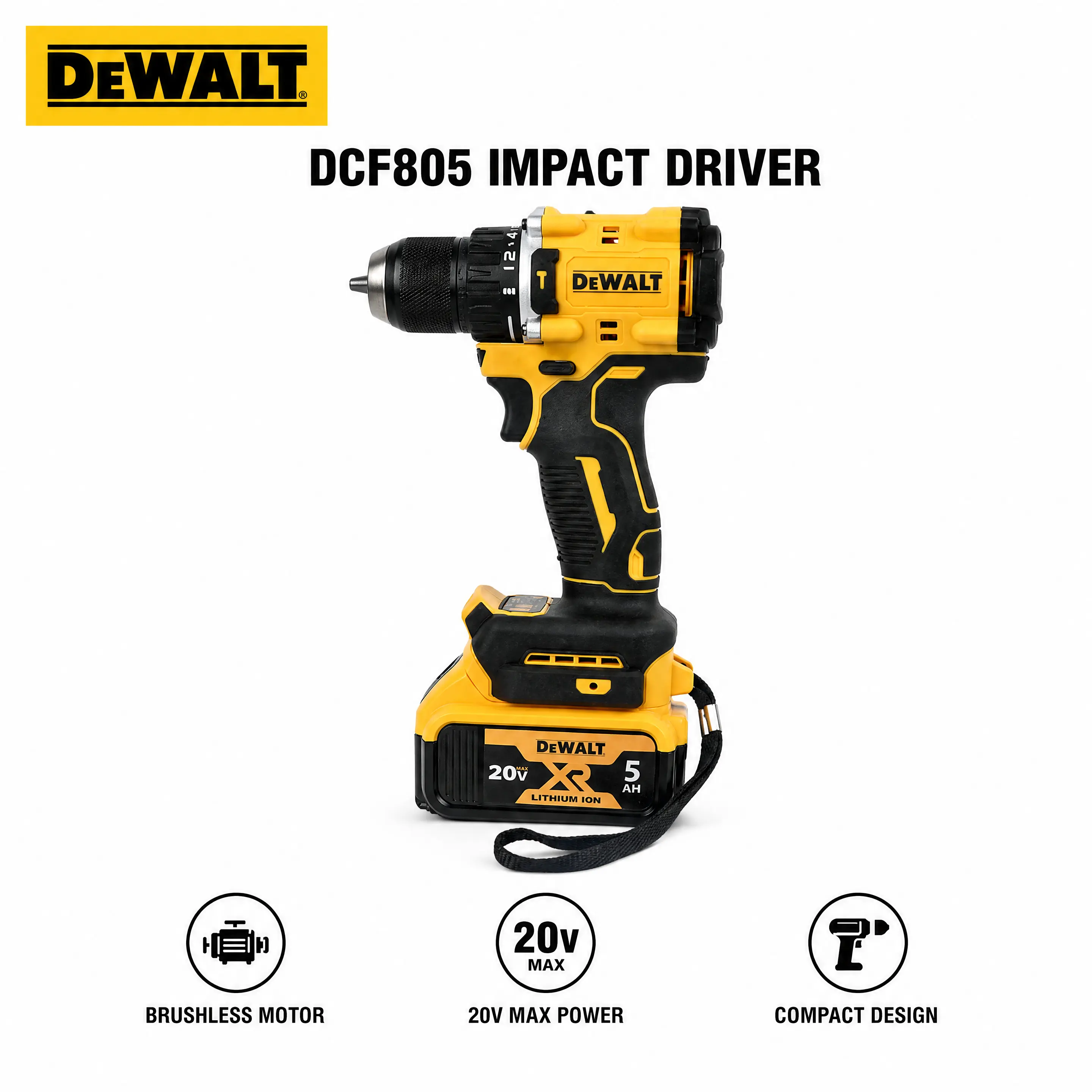 DEWALT DCF805 20V MAX Cordless 1/2 Inch Brushless Hammer Drill for Electrical Installation Servicing, Compact Fastening Tool System Features 2000 RPM Speed Matrix Designed for Precise Cabinet Assembly Work