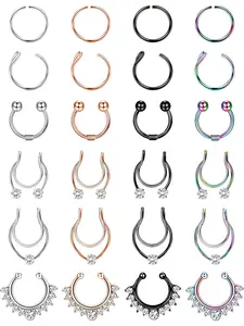 24Pcs Fake Nose Rings Hoop Stainless Steel Faux Lip Ear Nose Rings Non-Pierced Clip on Nose Rings for Women Men Faux Nose Ring Piercing Jewelry Nose Cuff