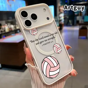 Magnetic Phone Case for iPhone 17 16  Pro Max Plus 15 14 13 12 11 Air E Volleyball Faith Strength  Patterned Clear Acrylic Back Shockproof Air-Guard Corners Hard Shell Coverv for Girl