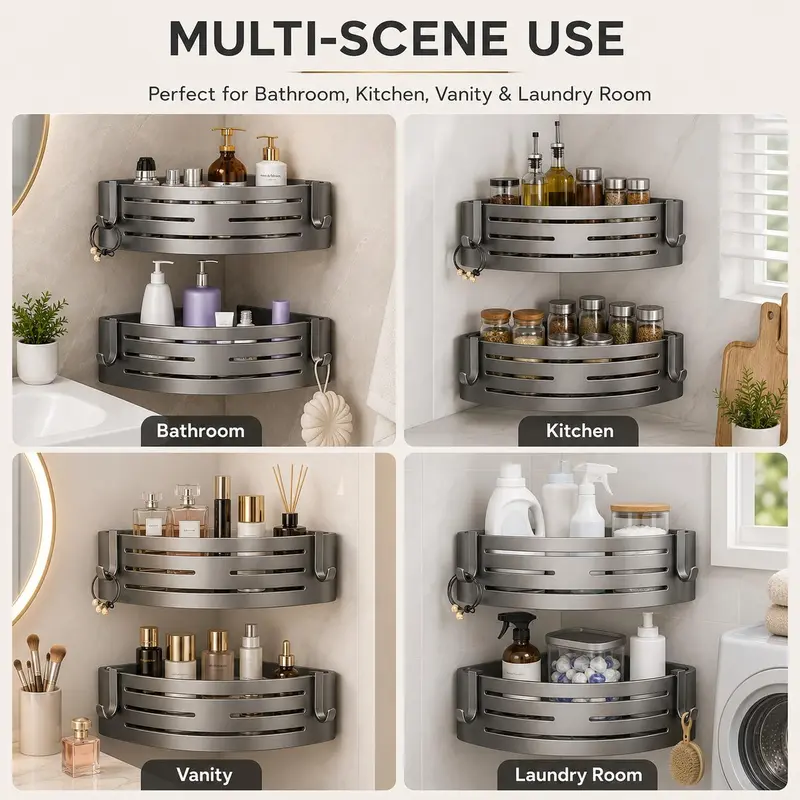 3 Pack No Drill Shower Caddy, Adhesive Corner Shower Organizer with Hooks & Toothpaste Holder, Wall Mounted Triangle Storage Shelves for Bathroom, Shampoo, Soap & Toiletries