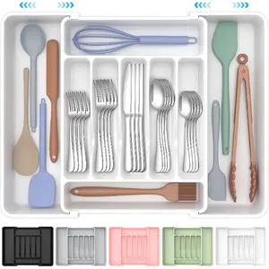ukeetap Extra Large Expandable Silverware Organizer, BPA-Free Food-Safe Cutlery Flatware Organizer, Kitchen Utensil Drawer Organizer, Adjustable Silverware Holder for Spoons Forks Knives, White