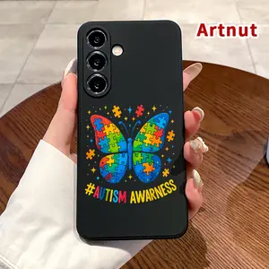 Straight Edge Phone Case Compatible with Samsung Galaxy S23 Ultra S24 Plus S26 S25 S22+ Autism Awareness Butterfly Pattern Anti-Scratch Shockproof Soft Silicone Protective Cover