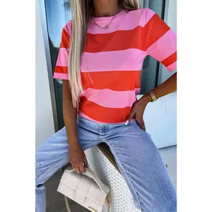 Bright Pink Colorblock Striped Knitted T shirt