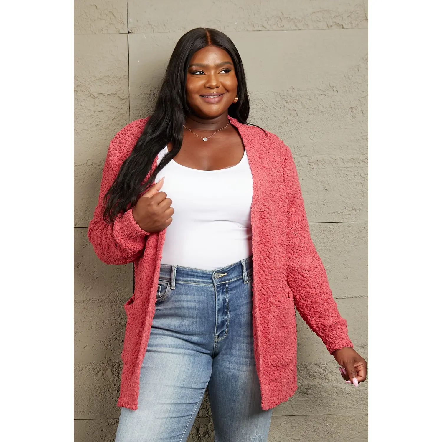 Zenana Falling For You Full Size Open Front Popcorn Cardigan