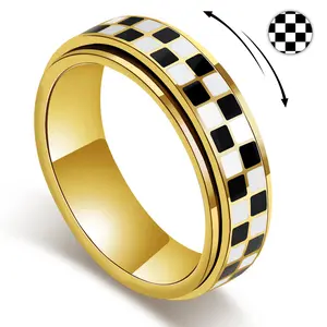 Checkered Fidget Ring For Adults - 18K Gold Plated Stainless Steel Rotating Spinner Jewelry, Anxiety & Stress Relief Gift For Women/Men (Black And White Pattern)