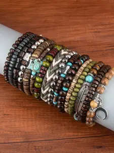 Boho Style Feather & Turtle Charm Decor Beaded Bracelets, Bracelet with Charms, 16pcs Fashion Colorblock Beaded Bracelets for Men & Women, Trendy Exquisite Jewelry As Gift