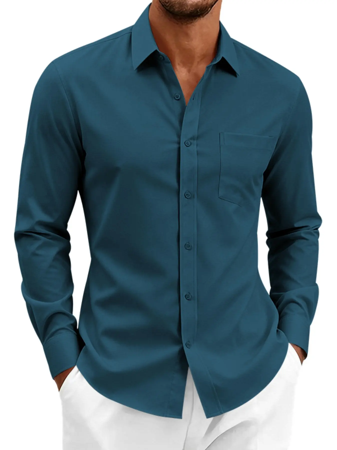 Men's Classic Long Sleeve Dress Shirt, Menswear, Formal Business Button-Up Shirts with Pockets, Wrinkle-Resistant, Ideal for Office, Weddings, Casual Wear