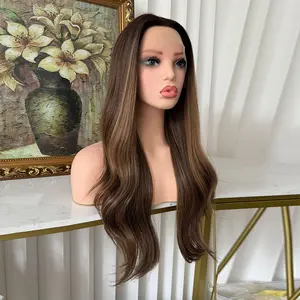 Lovestory Evangeline Brown Highlight 26Inch Long Wavy Lace Front Wig Heat Resistant High Quality Natural Wave Synthetic Lace Front Wigs For Women