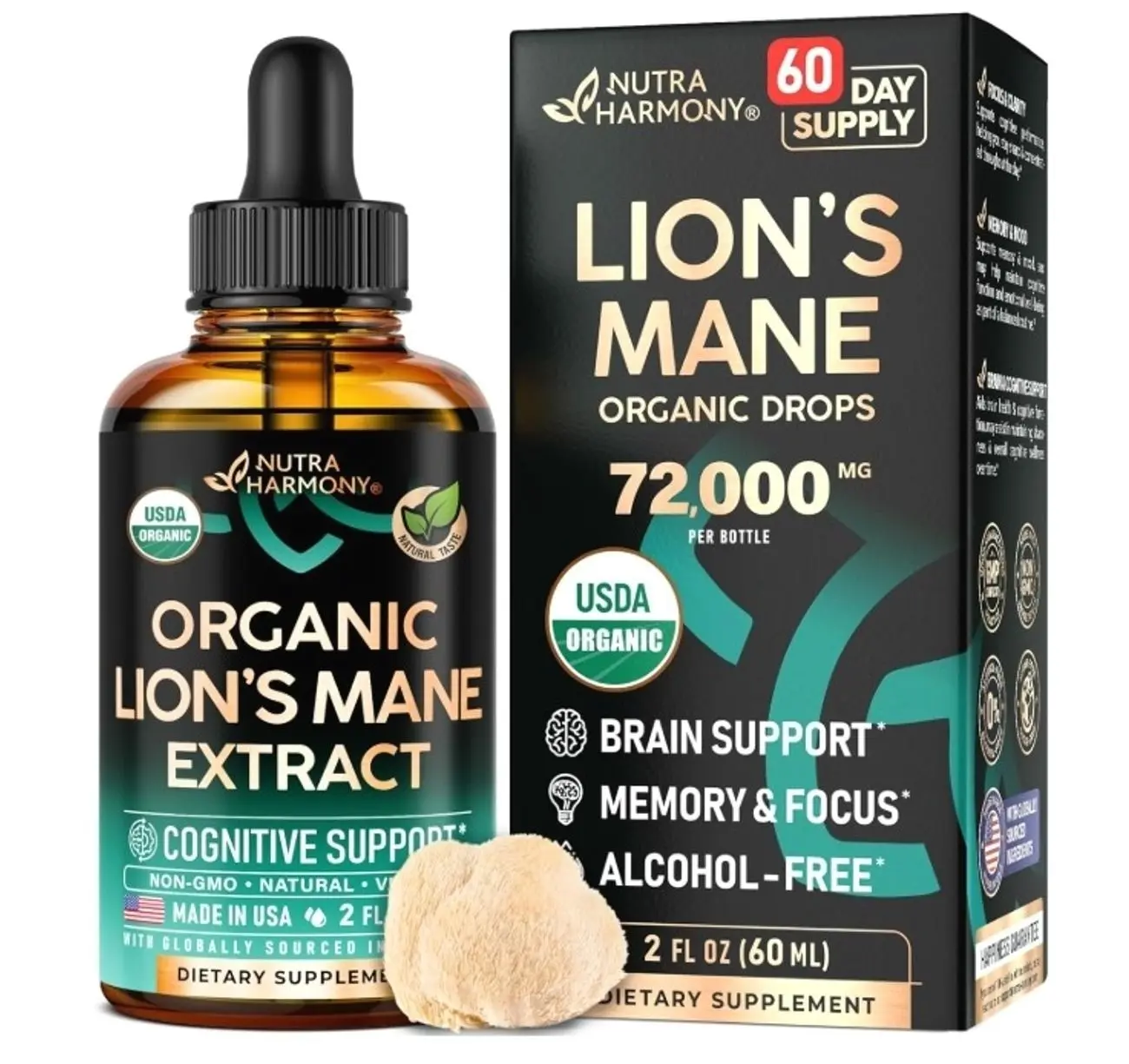 Lions Mane Liquid - USDA Certified Organic Lions Mane Supplement - Brain Support, Energy, Memory & Focus - Sugar & Alcohol-Free Lion's Mane Mushroom Extract 72,000 mg / Bottle, 2 Fl OZ, 2 Month Supply