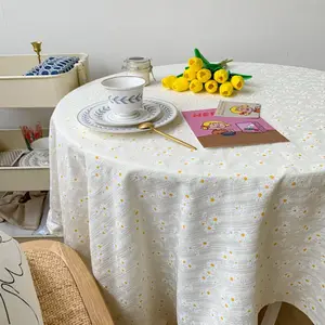 1pc Daisy Embroidered Polyester Tablecloth – Beige Floral Minimalist Water & Oil Resistant Anti-Static Easy Clean for Home, Cafe, Wedding Round or Square Table