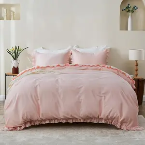 Kids 100% Organic Cotton Twin Duvet Cover Ruffle 2Pcs(1 Comforter Cover 1 Pillowcase) Cute Lace Vintage Boho Shabby Chic Farmhouse Bedding Set Teen Girls(Peach Pink,Twin)