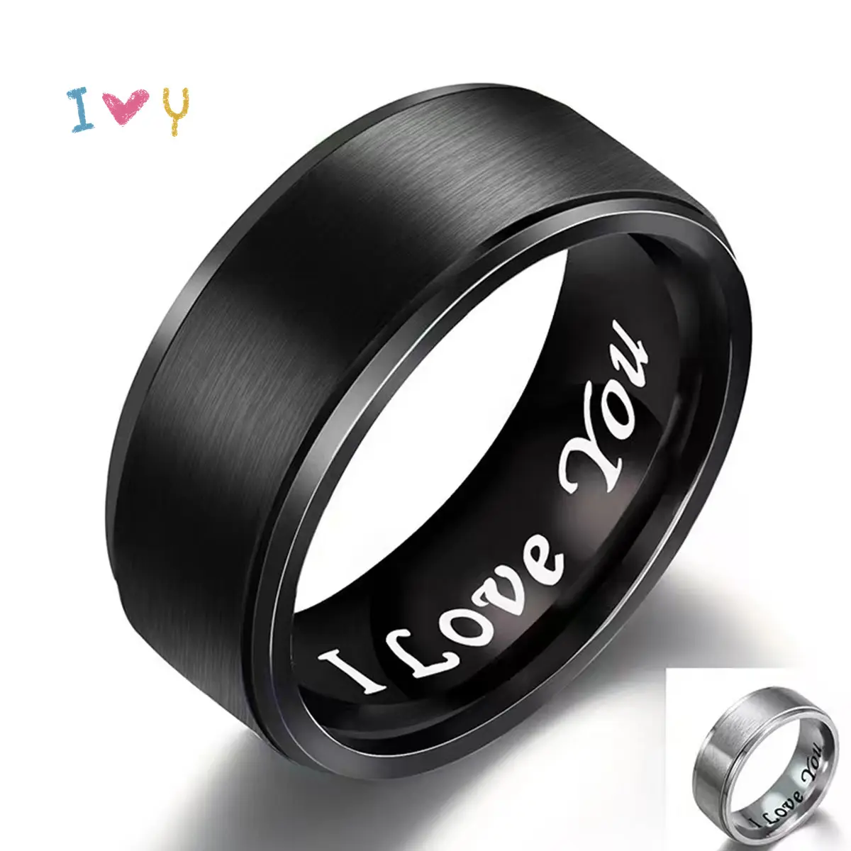 Elegant Lovers Titanium Steel 'I Love You' Engraved Ring Romantic Black Band with Creative Lettering Ideal for Wedding Anniversary & Valentine's Day Gift 8MM
