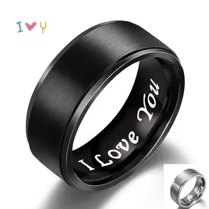 Elegant Lovers Titanium Steel 'I Love You' Engraved Ring Romantic Black Band with Creative Lettering Ideal for Wedding Anniversary & Valentine's Day Gift 8MM