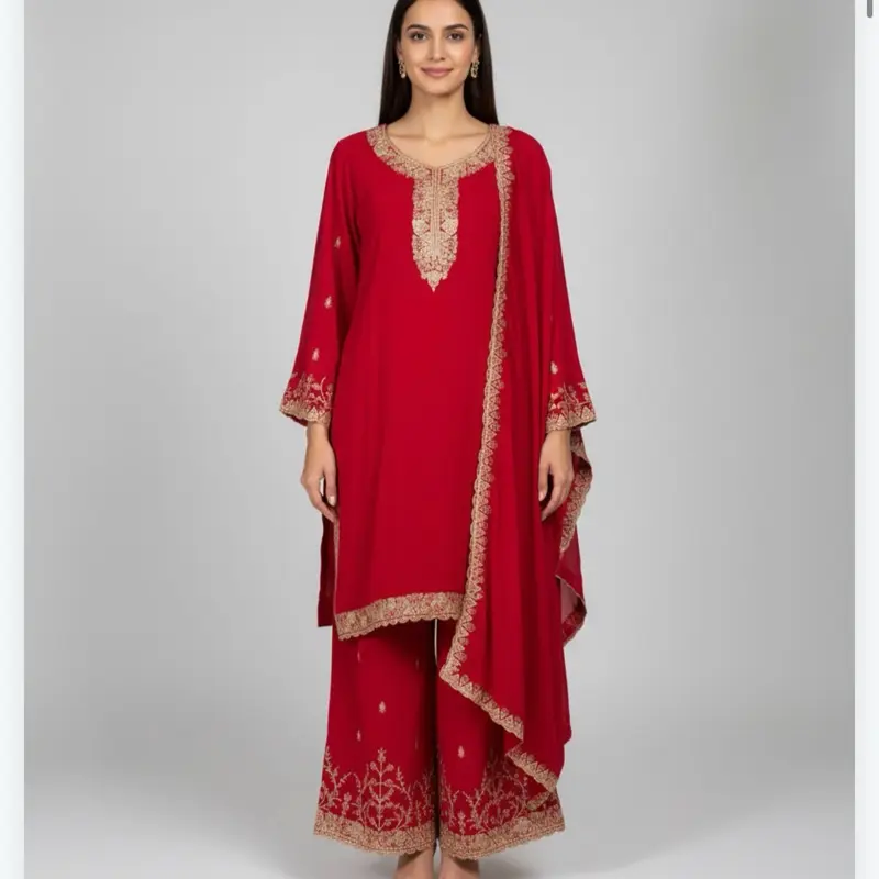 Embroidery Work in Kurta Pant and Dupatta Heavy Work Plazo Perfect for Any Occasions Women's Fashion Dress Womenswear Elegant Asian Suit