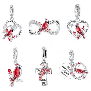 925 Silver-plated "Always with You"Red Cardinal Bird Charm, DIY Infinity Memorial Bead Fits for Bracelet Necklace, Gift for Her