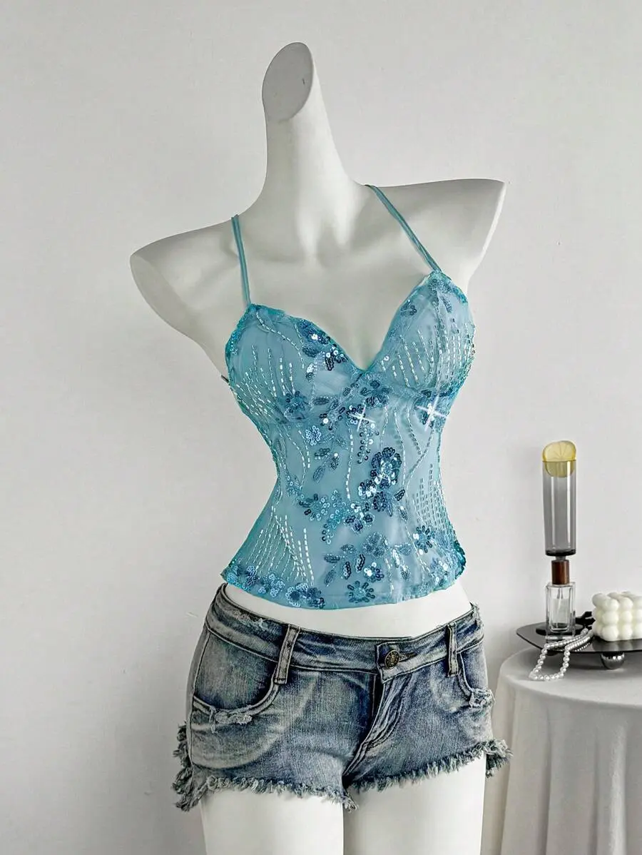 MALINDA Women Casual Vacation Sequins Detail Sexy Backless Cami Top,Summer, Top,Crop Top