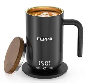 FEPPO Self-Heating Coffee Mug Warmer, 17oz Smart Temperature-Controlled Coffee Mug with Titanium Coating, Real-Time Digital Display, Built-in 2600mAh Battery with Charging Base, Great Gift for Women / Men