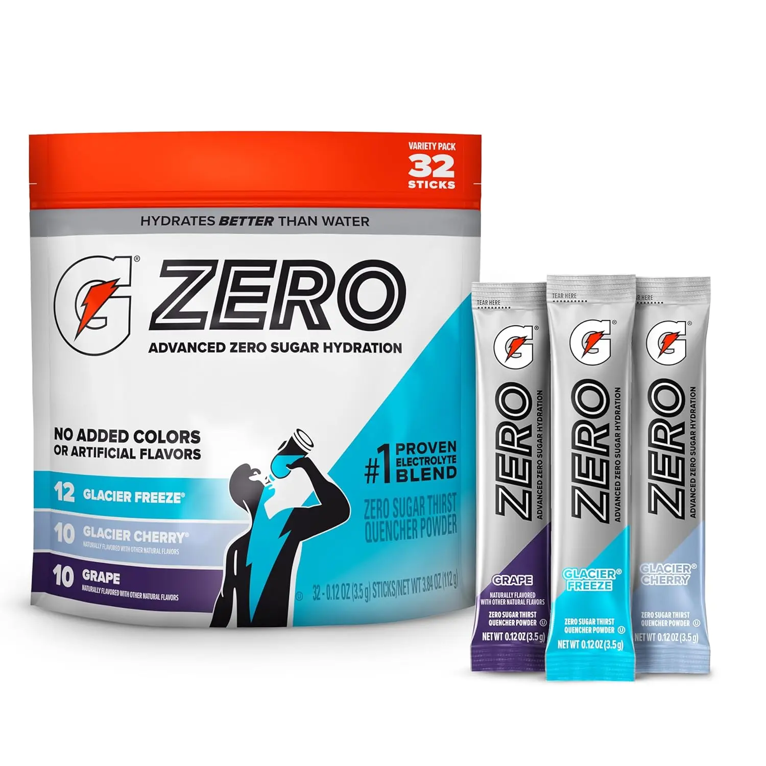 Gatorade 0 Sugar Electrolyte Powder Drink Mix, 3-Flavor Variety Pack (32 Servings), No Artificial Flavors, No Added Colors, Sports Hydration Wellness Supplement