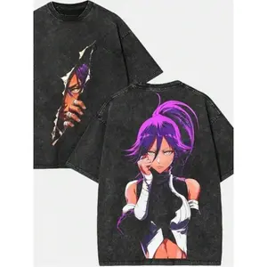 Men's Washed T-Shirt, Anime Character Graphic Print Tee, Shihouin Yoruichi from Bleach in Flash Goddess Mode, heavy cotton vintage washed design, classic retro anime and comic book style, trendy streetwear and must-have fashion item for otaku enthusiasts