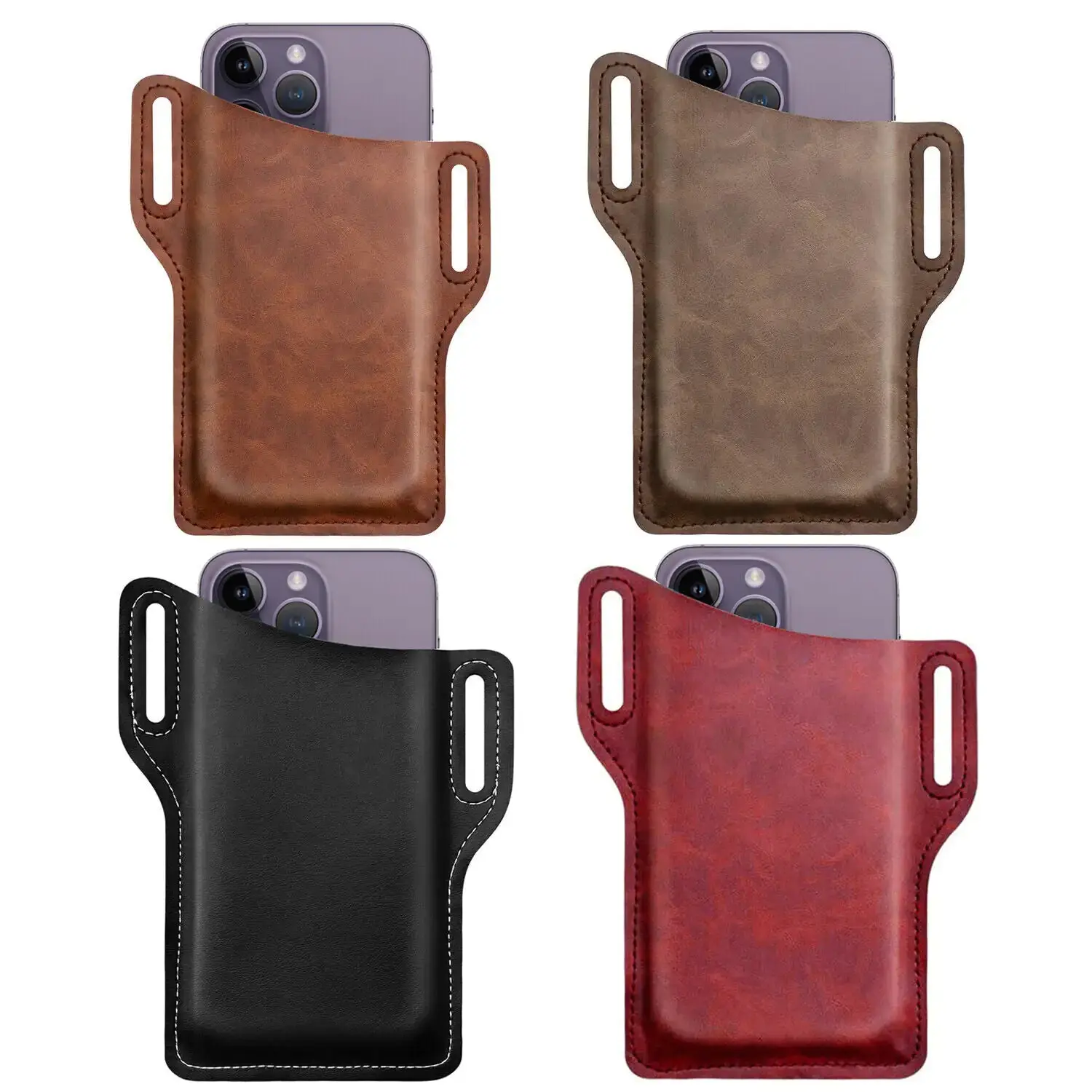 Men's Leather Handheld Cell Phone Belt Bag - Solid Dual-Pocket Secure Holder, Versatile Waist Holster, Zippered Side Pouch, Passport Wallet
