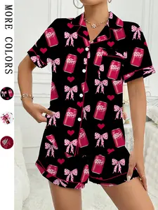 Women's Comfortable Cute Elastic Sleepwear Set, Spring Bow Tie Shirt and Pants Two-Piece, Short Sleeve Shorts, Party Wear