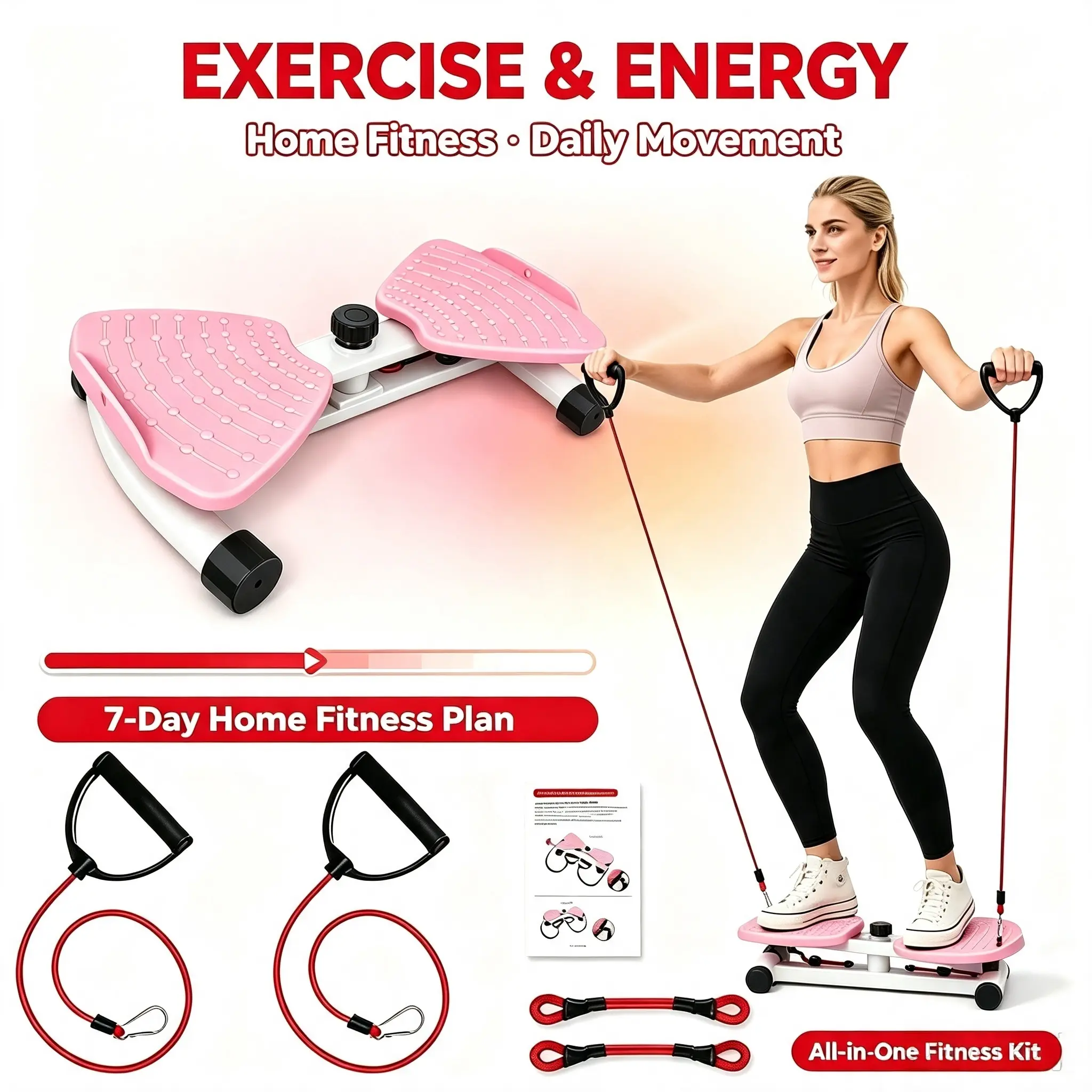 Upgraded Adjustable Waist Twister Board with Resistance Bands, Waist Shaping Trainer, Portable Home Fitness Twist Disc for Abdomen Hip Leg Balance Training, Non-Slip Massage Footplate