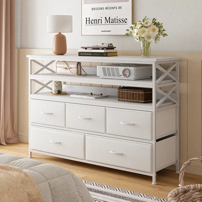 RaybeeFurniture Dresser with Wood Open Shelves, 55" TV Stand Dresser with 5 Drawers,Fabric Dressers & Chest of Drawers for Living Room, Bedroom, Entry