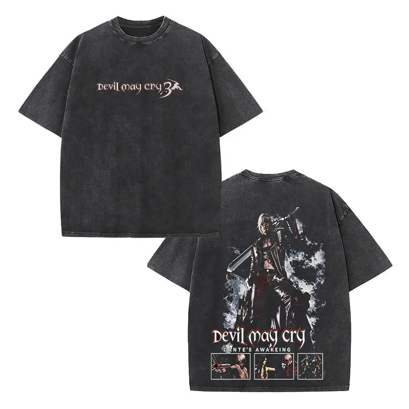 Devil May Cry 3 Dante's Awakening Washed Vintage T-Shirt, Dante Anime Game Graphic Print Tee, Unisex Black Oversized Streetwear Casual Cotton Top for Fans