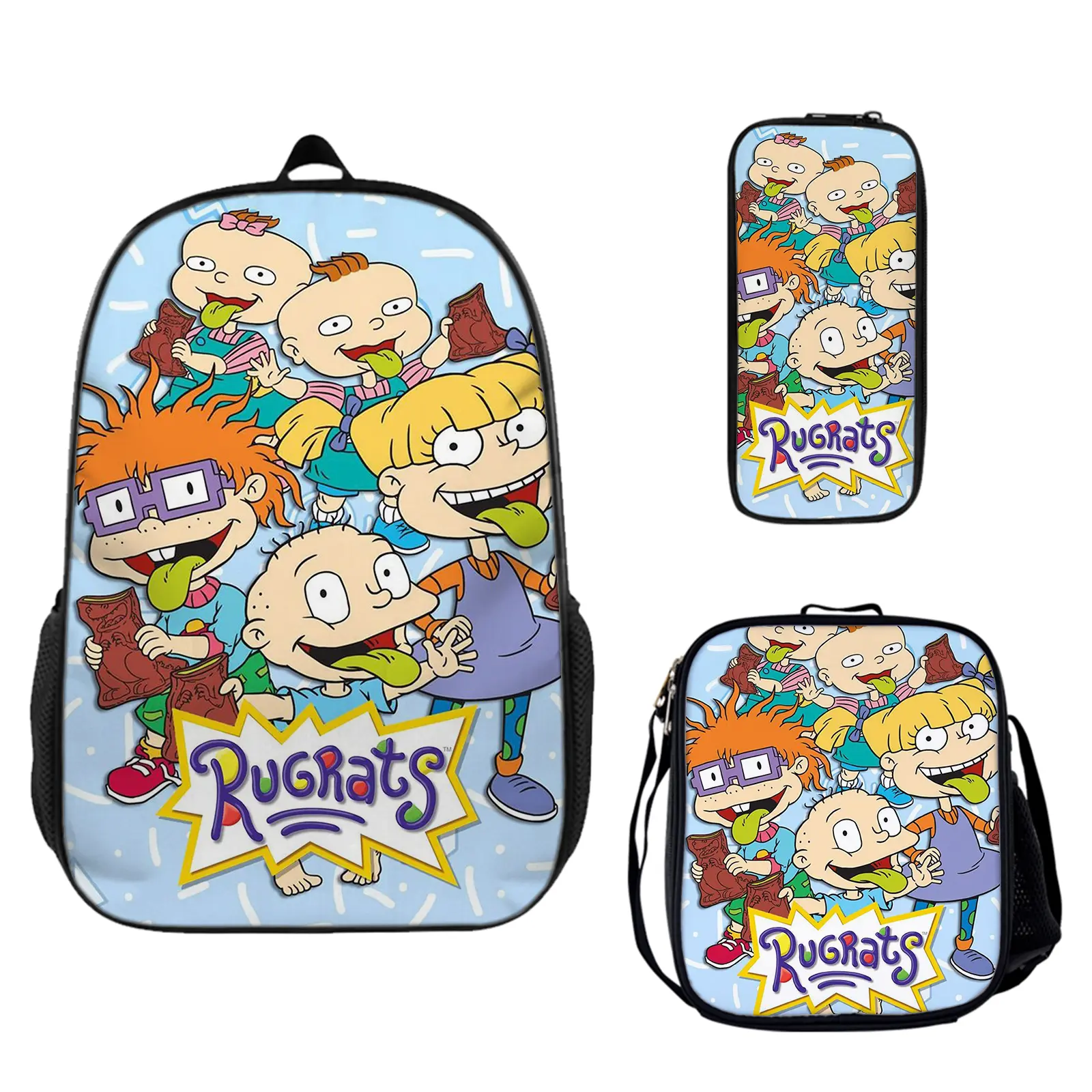 Rugrats 3-In-1 Large Capacity Unisex Backpack Set - Back to School Haul, Character Print, Water Resistant, Lightweight, Insulated Lunch Box, Pencil Pouch (Pencils/Erasers), Teen Fans, Travel Daypack, Birthday Gift c-211