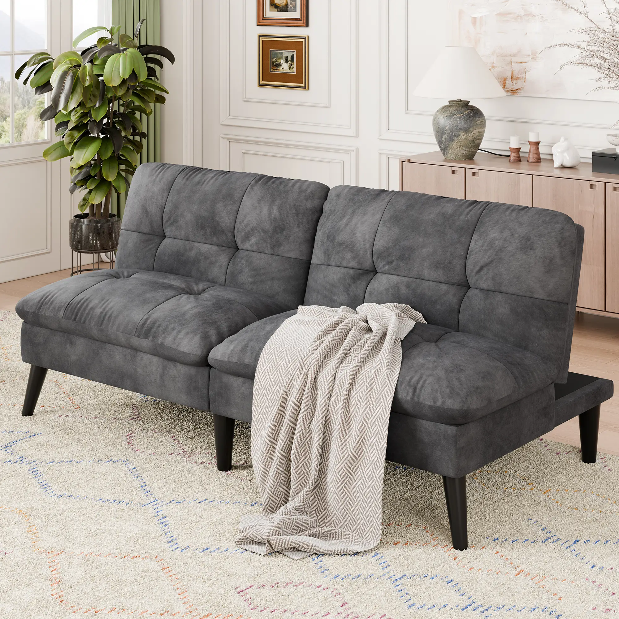 Walsunny 62‘’ Futon Sofa Bed,Memory Foam Linen Fabric Futon Couch with Adjustable Backrest,Folding Futon Loveseat Sleeper Recliner for for Living Room