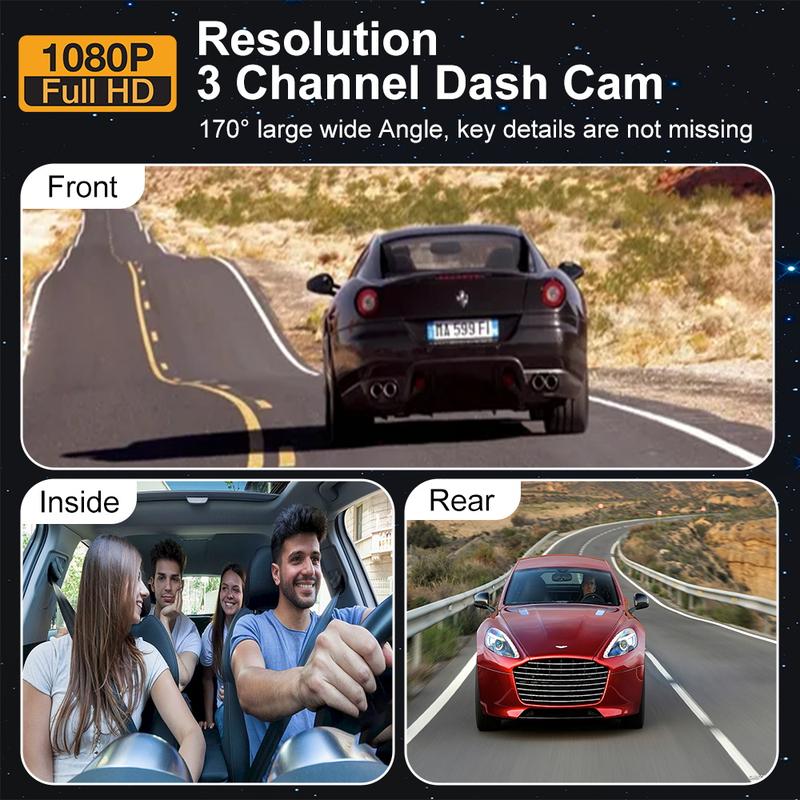 WHATOOK Wifi-1080P 3 Channel Dash Cam with 32GB Card, HDR, G-Sensor and 24Hr Parking Dash Cam for Cars