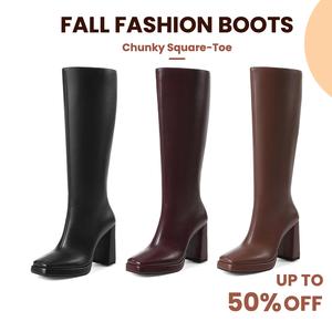 AOSPHIRAYLIAN Women's Knee High Boot Chunky Heel Square Toe Hautes Bout Confort High hautes Black Sole Block Heel Zip-Up Leather Automne Classic Bottes d'Hiver Fall Fashion