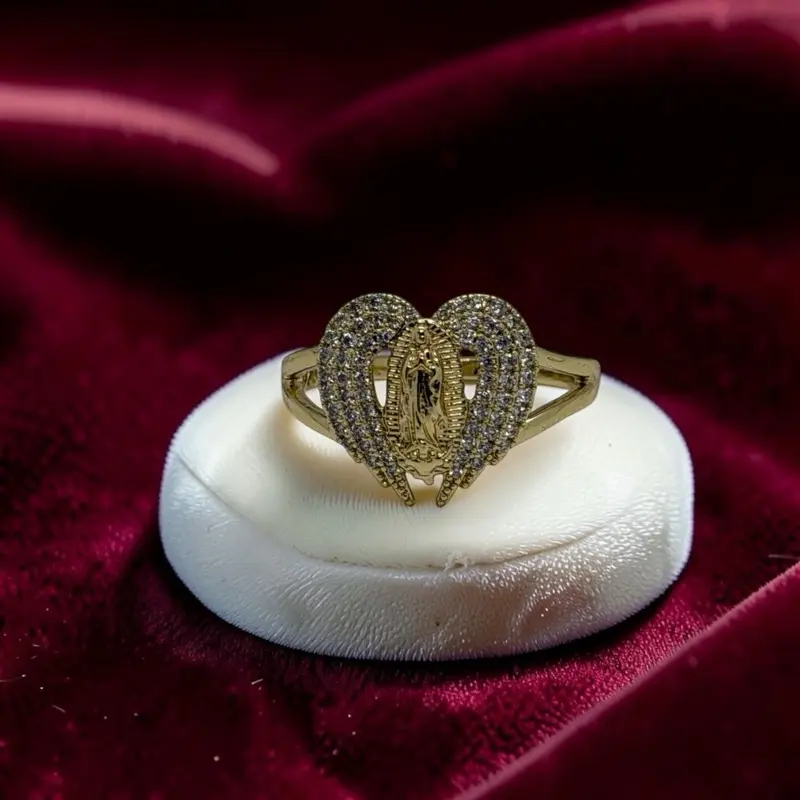14K Gold Plated Virgen de Guadalupe Angel Wings CZ Ring